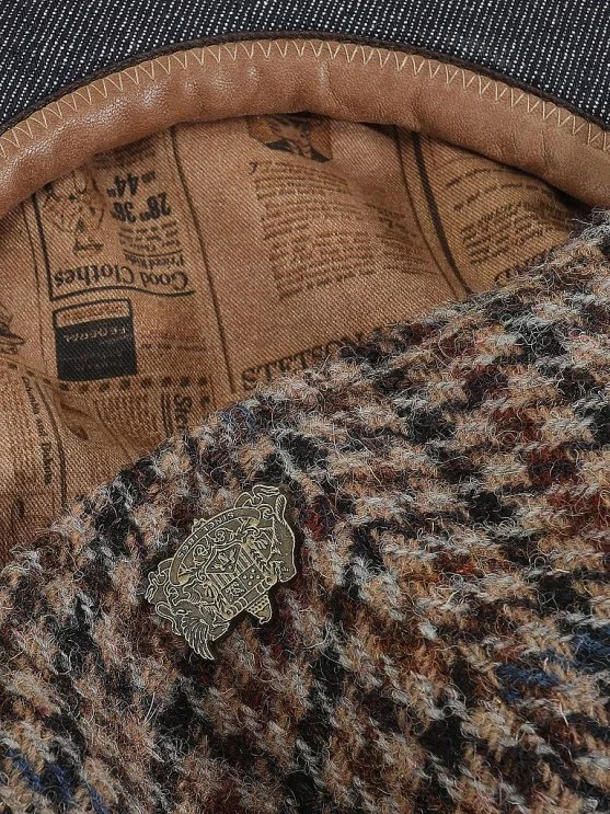 Stetson Driver Cap Harris Tweed Lacivert Kahve Mavi Pied De Paule Yün Şapka - Stetson