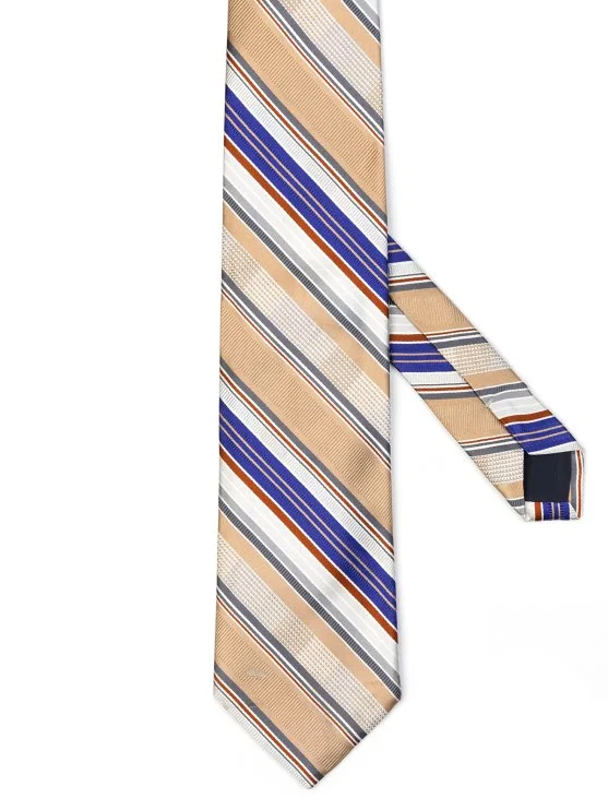 Valentino Gümüş Bronz Mavi İnce Çizgili İpek İtalyan Kravat - Valentino