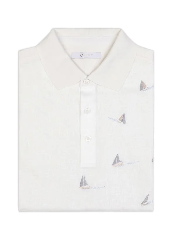 Alphauomo Beyaz Polo Yaka Yelken İşlemeli Pamuk Keten Regular Fit Tişört - 1