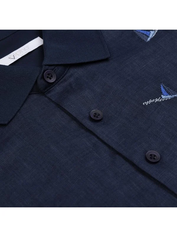 Alphauomo Lacivert Polo Yaka Yelken İşlemeli Pamuk Keten Regular Fit Tişört - 2