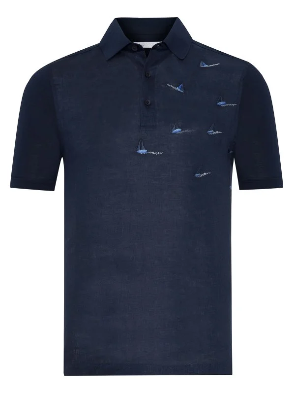 Alphauomo Lacivert Polo Yaka Yelken İşlemeli Pamuk Keten Regular Fit Tişört - 2