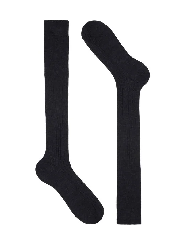 Bresciani Antrasit İnce Fitilli Uzun Konç Yün Çorap - 1