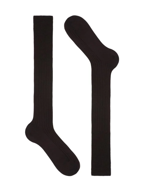 Bresciani Kahverengi İnce Fitilli Uzun Konç Yün Çorap - 1