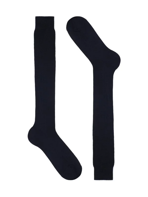 Bresciani Lacivert İnce Çizgili Uzun Konç Yün Çorap - 1