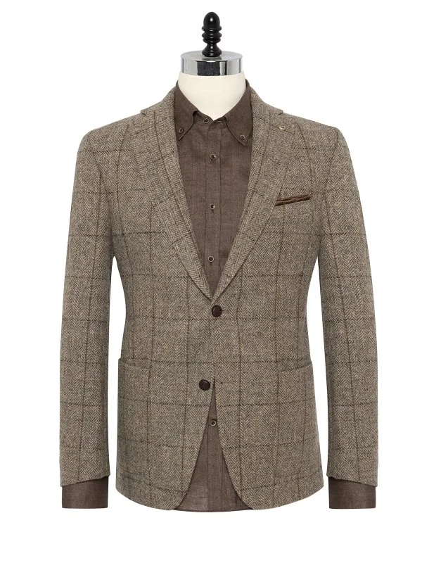 Carl Gross Harris Tweed Bej Gri Balıksırtı Kareli Kolu Peçli Yün Ceket - 1