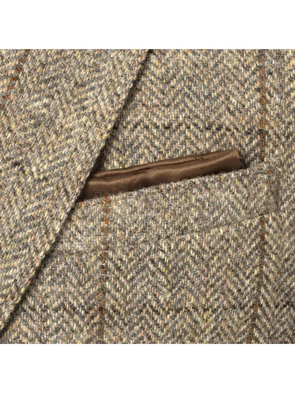 Carl Gross Harris Tweed Bej Gri Balıksırtı Kareli Kolu Peçli Yün Ceket - 2