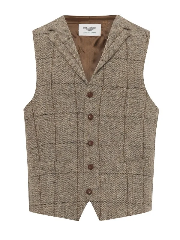 Carl Gross Harris Tweed Bej Gri Kahve Kareli Yelek - 1