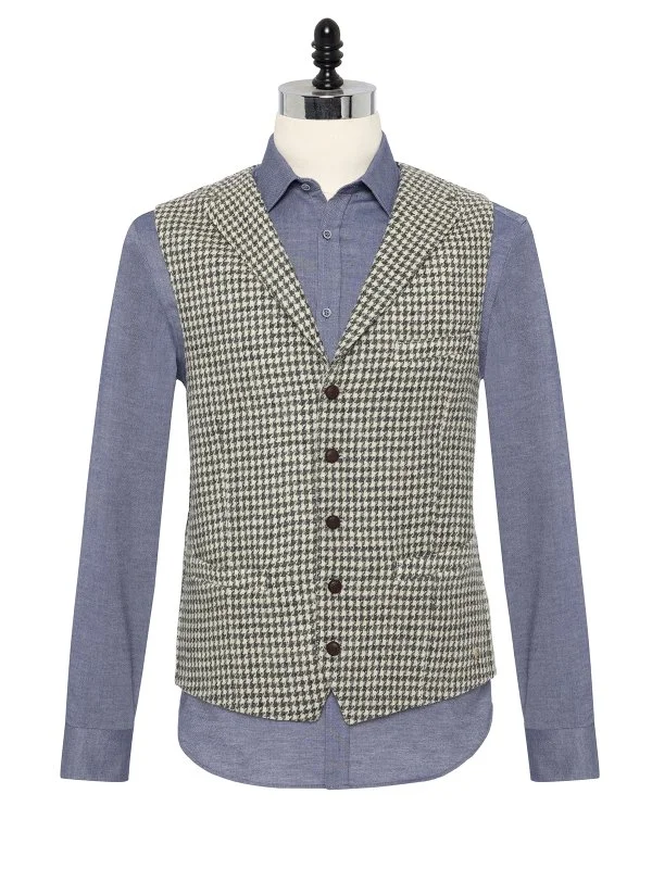 Carl Gross Harris Tweed Gri Ekru Kaz Ayağı Yün Yelek - 3