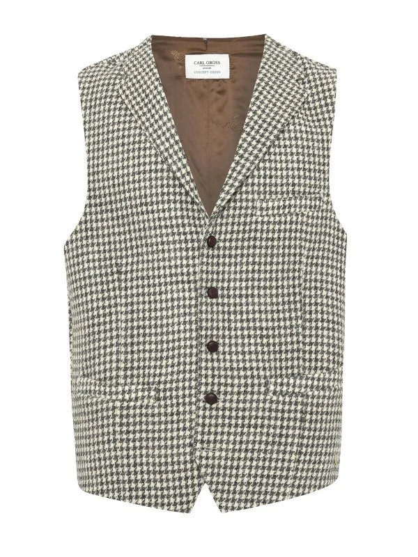 Carl Gross Harris Tweed Gri Ekru Kaz Ayağı Yün Yelek - 1