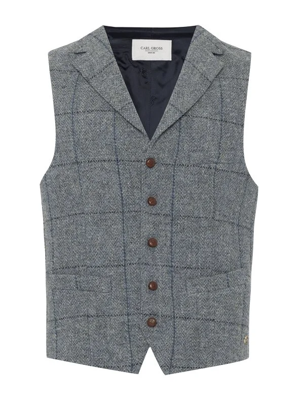 Carl Gross Harris Tweed Gri Mavi Kareli Yelek - 1