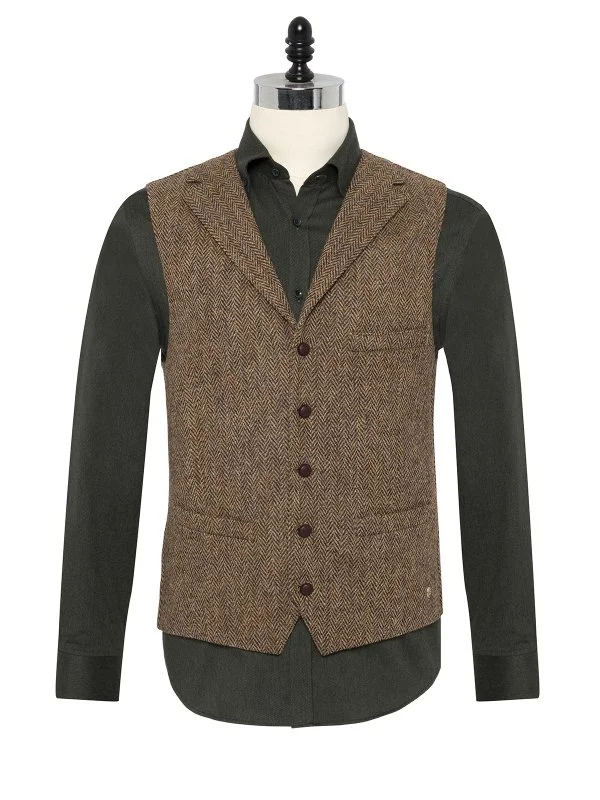 Carl Gross Harris Tweed Kahve Bej Balıksırtı Yün Yelek - 3