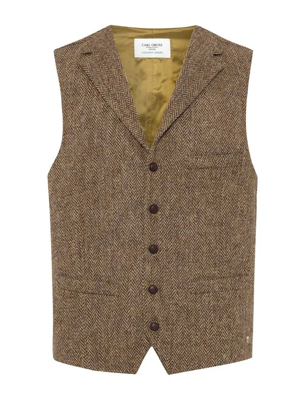 Carl Gross Harris Tweed Kahve Bej Balıksırtı Yün Yelek - 1