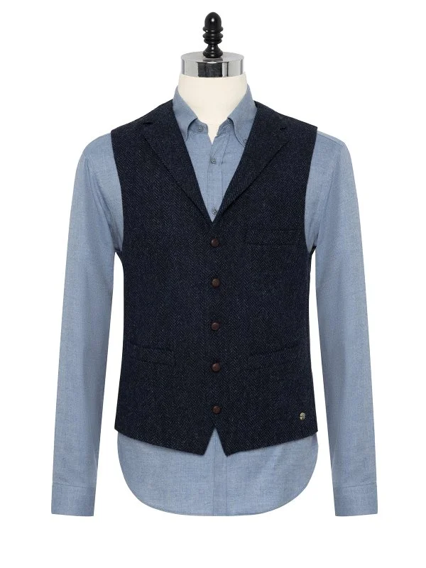 Carl Gross Harris Tweed Lacivert Mavi Balıksırtı Yün Yelek - 3