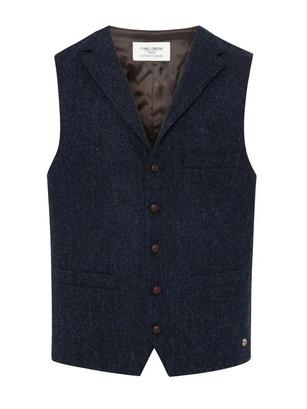 Carl Gross Harris Tweed Lacivert Mavi Balıksırtı Yün Yelek - 1