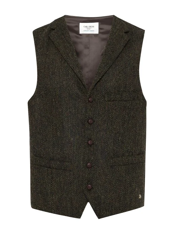 Carl Gross Harris Tweed Yeşil Taba Balıksırtı Yün Yelek - 1