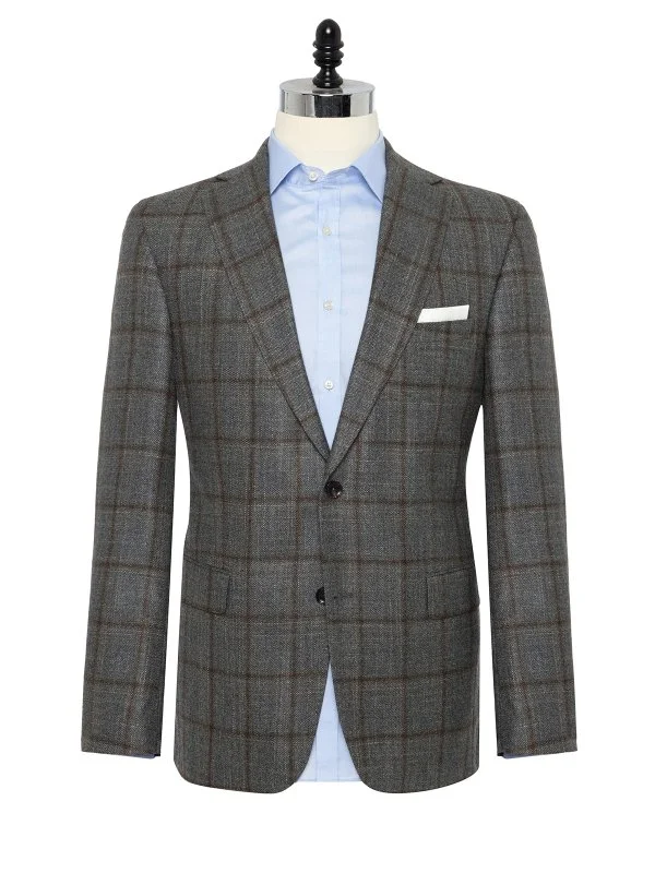 Carl Gross Loro Piana Gri Kahve Kareli Yün İpek Kaşmir Ceket - 1