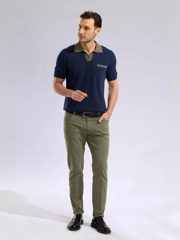 40WEFT 5 Pocket Green Thin Twill Vintage Cotton Elastane Regular Fit Trousers - 4