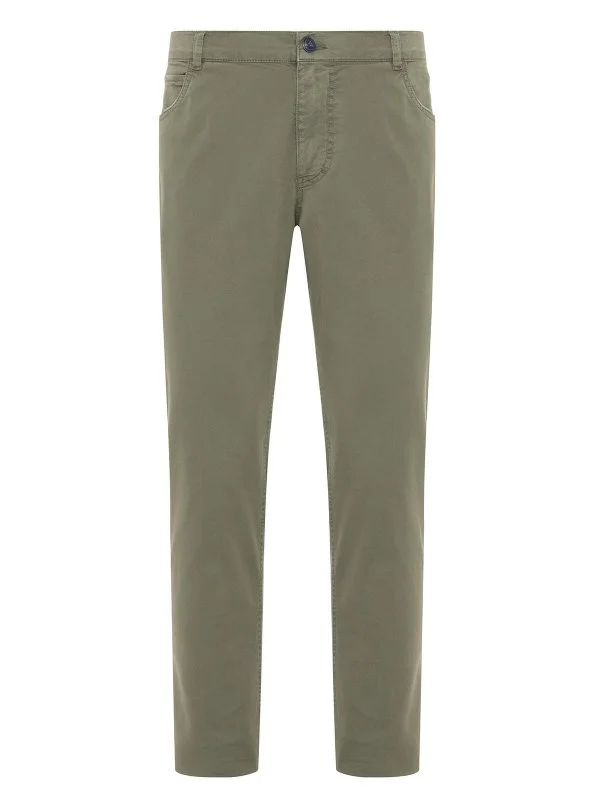40WEFT 5 Pocket Green Thin Twill Vintage Cotton Elastane Regular Fit Trousers - 1