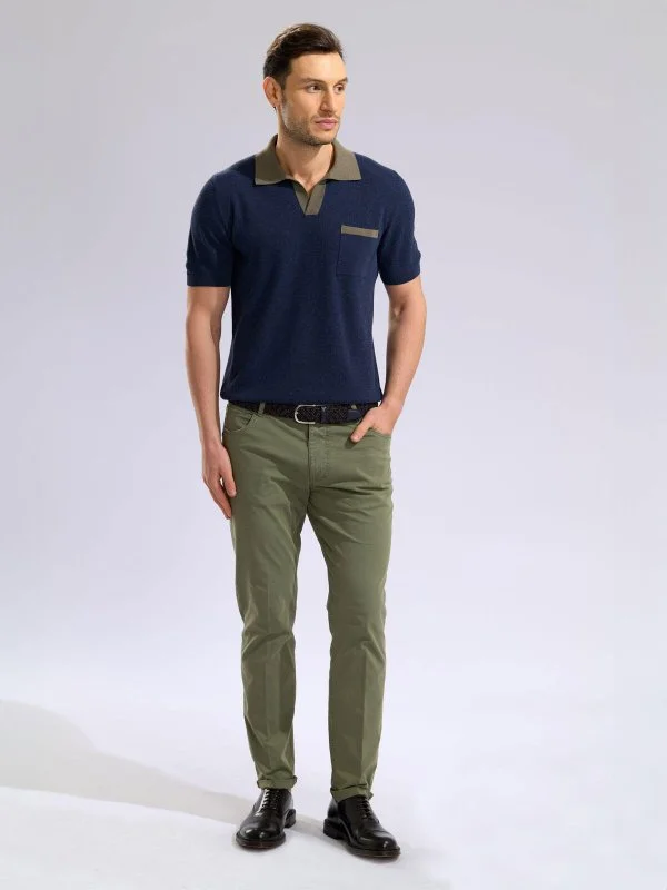 40WEFT 5 Pocket Green Thin Twill Vintage Cotton Elastane Regular Fit Trousers - 5