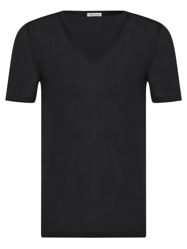 Bresciani Black V Neck Mercerized Cotton Undershirt T-Shirt Undershirt - 1