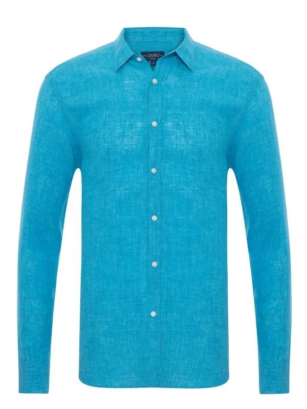 Germirli Albini Soft Collar Tailor Fit Turquoise Blue Delave Linen Shirt - 1