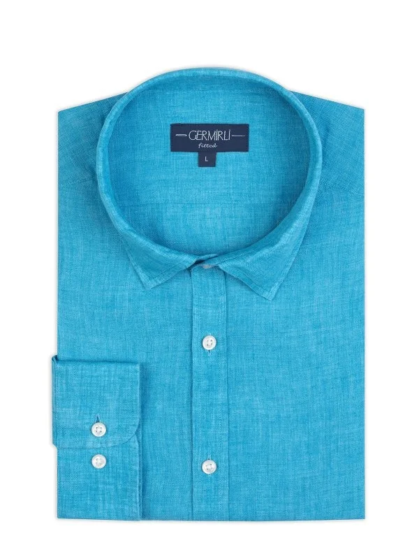 Germirli Albini Soft Collar Tailor Fit Turquoise Blue Delave Linen Shirt - 2