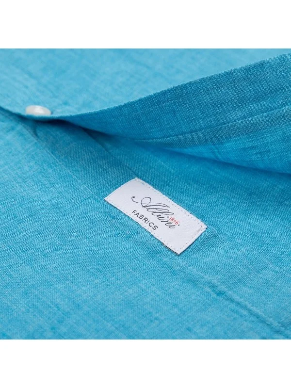 Germirli Albini Soft Collar Tailor Fit Turquoise Blue Delave Linen Shirt - 3