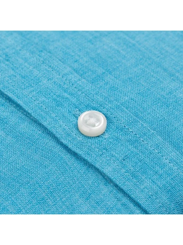 Germirli Albini Soft Collar Tailor Fit Turquoise Blue Delave Linen Shirt - 4