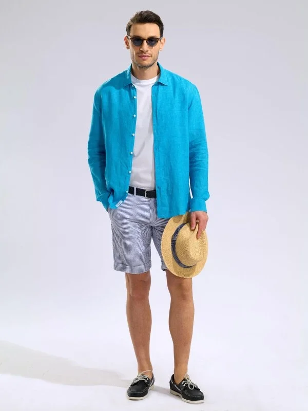 Germirli Albini Soft Collar Tailor Fit Turquoise Blue Delave Linen Shirt - 5