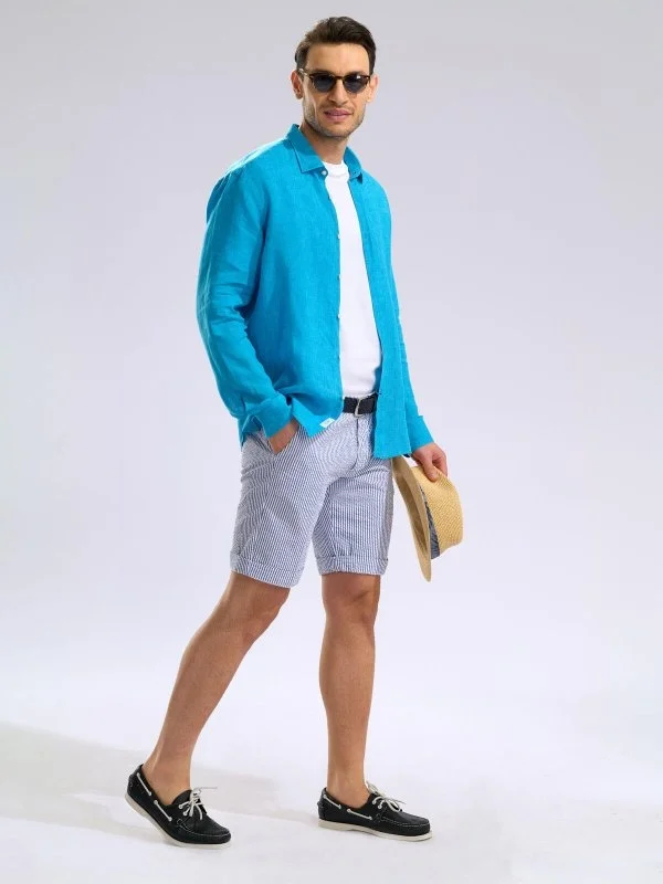Germirli Albini Soft Collar Tailor Fit Turquoise Blue Delave Linen Shirt - 6