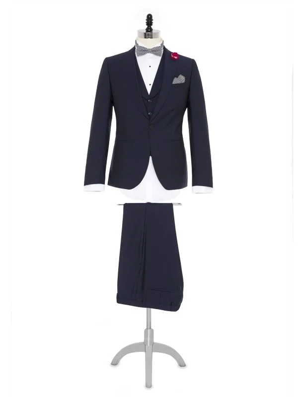 Carl Gross 100% Wool Navy Blue Self-Patterned Peak Lapel Collar Slim Fit Vested Tuxedo Suit - 1