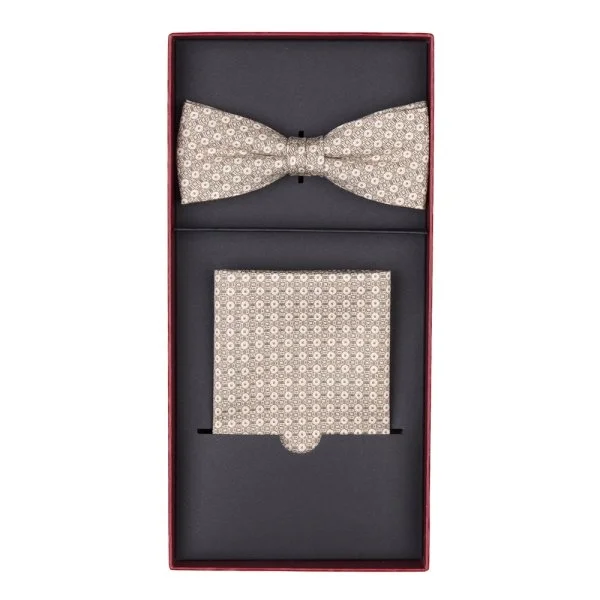 Carl Gross Cotton Beige Patterned Bow Tie Handkerchief Set - 1