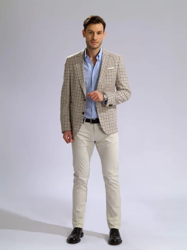 Carl Gross Beige Plaid Carlo Barbera Regular Fit Wool Silk Cotton Jacket - 5