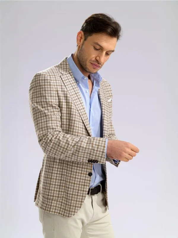 Carl Gross Beige Plaid Carlo Barbera Regular Fit Wool Silk Cotton Jacket - 3