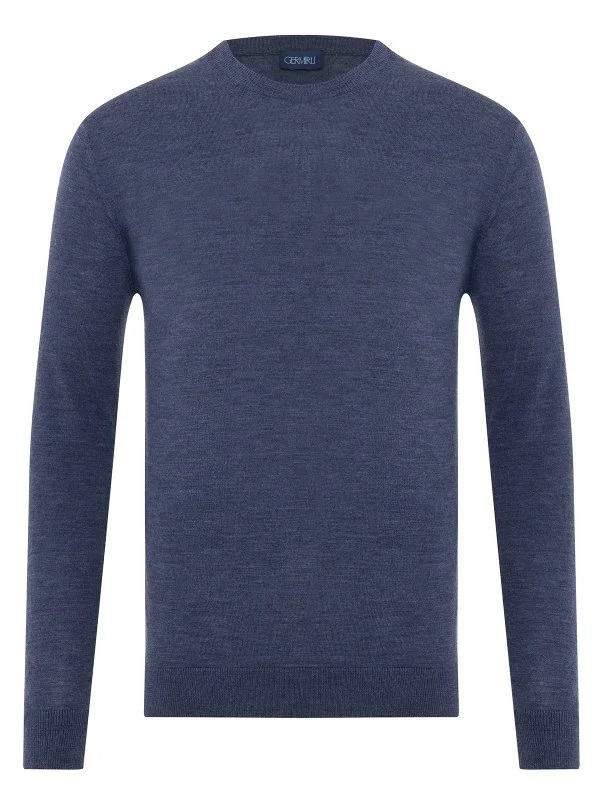 Crew Neck Airy Blue Merino Wool Sweater with Germirli - 1