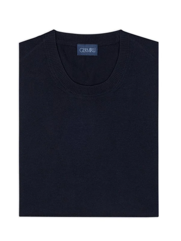 Germirli Navy Blue Merino Wool Sweater with Crew Neck - 2