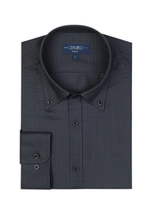 Germirli Black Anthracite Patterned Thomas Mason Button-down Collar Tailor Fit Pure Wool Shirt - 2