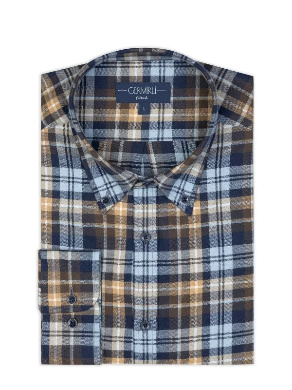 Germirli Blue Coffee Flannel Plaid Albiate Button-down Collar Tailor Fit Cotton Lumberjack Shirt - 2
