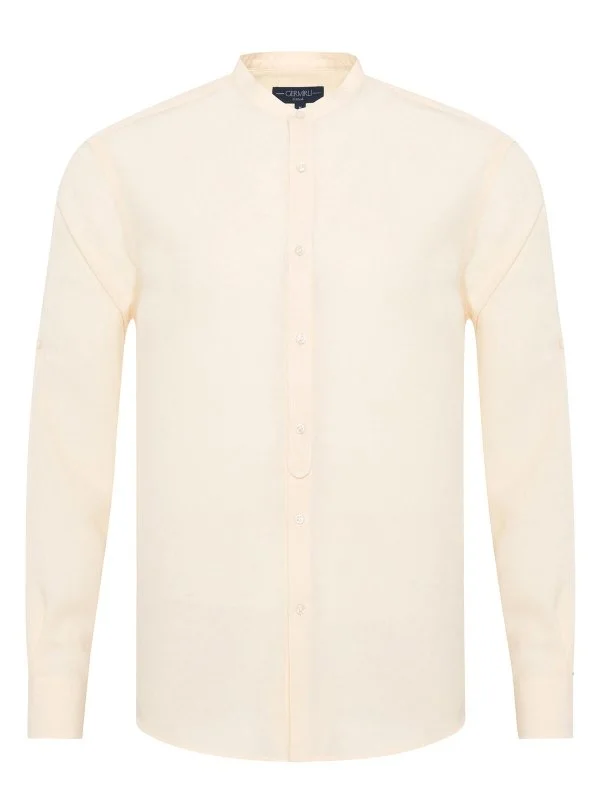 Germirli Cream Color Tailor Fit Men's Stand Collar Lyocell Linen Shirt - 1