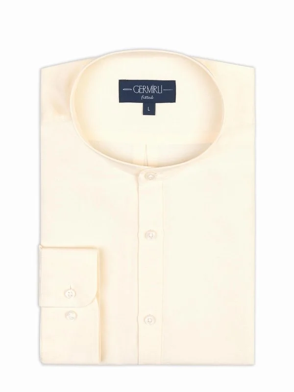 Germirli Cream Color Tailor Fit Men's Stand Collar Lyocell Linen Shirt - 2