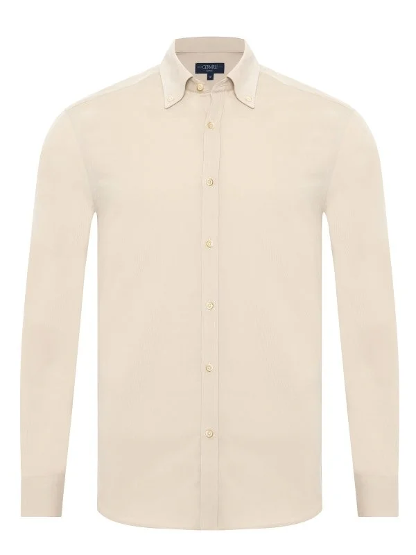 Germirli Cream Color Thin Velvet Albini Button-down Collar Tailor Fit Pure Cotton Shirt - 1