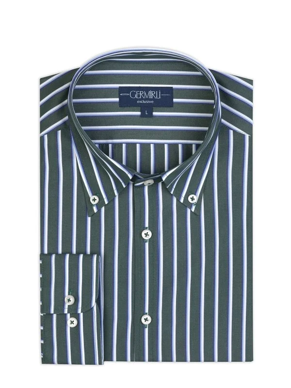 Germirli Green Blue Striped Button-down Collar Exclusive Tailor Fit Cotton Shirt - 2