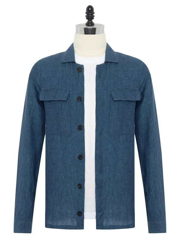 Germirli Indigo Blue Hidden Button Delave Linen Tailor Fit Jacket Shirt - 1