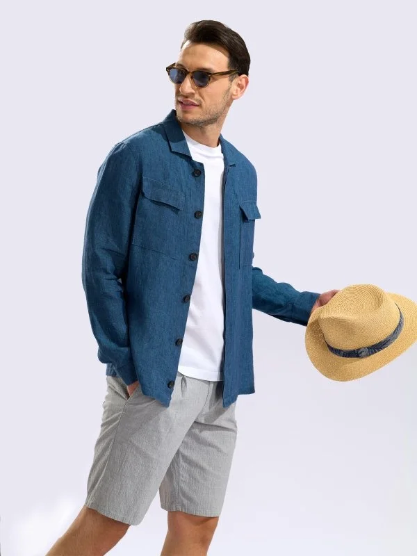 Germirli Indigo Blue Hidden Button Delave Linen Tailor Fit Jacket Shirt - 4