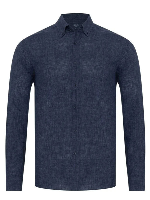 Germirli Indigo Navy Blue Delave Linen Button-down Collar Tailor Fit Shirt - 1