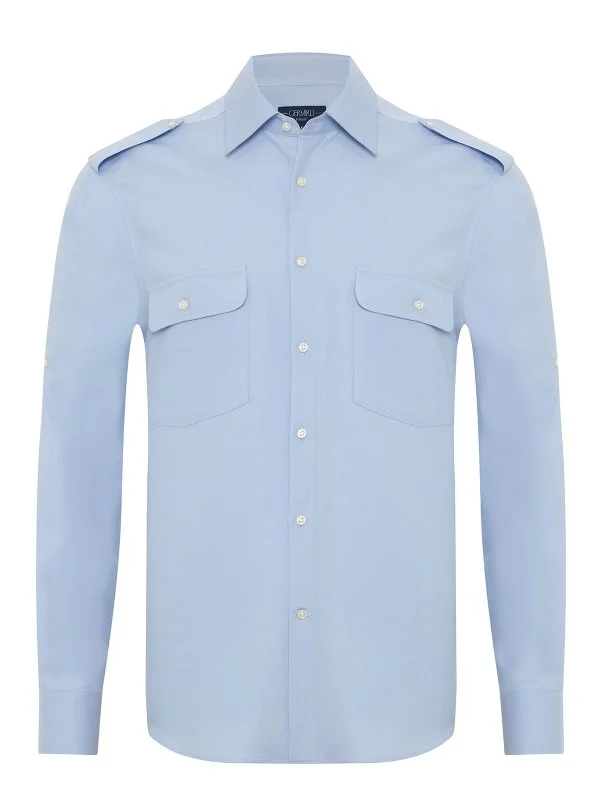 Germirli Light Blue Cotton Linen Tencel Epaulette Double Flap Pocket Foldable Sleeve Hello Shirt - 2