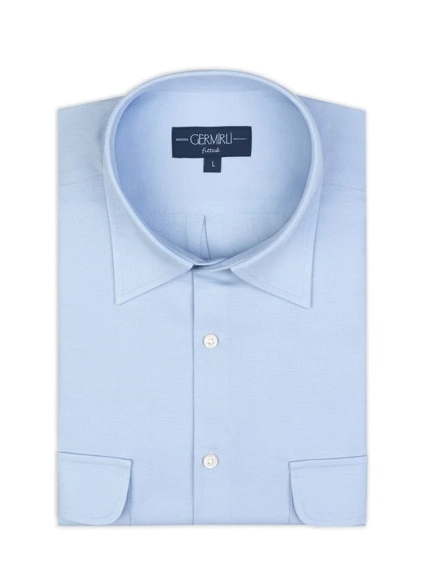 Germirli Light Blue Cotton Linen Tencel Epaulette Double Flap Pocket Foldable Sleeve Hello Shirt - 3