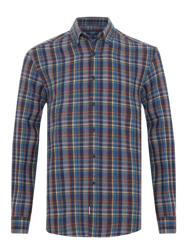 Multicolored Plaid Thomas Mason Flannel Button-down Collar Tailor Fit Wool Shirt with Germirli - 1
