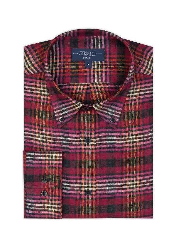 Pink Flannel Plaid Albiate Button-down Collar Tailor Fit Lumberjack Pure Linen Shirt with Germirli - 2