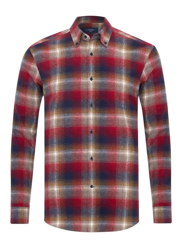 Red Flannel Plaid Albiate Button-Down Collar Tailor Fit Cotton Lumberjack Shirt with Germirli - 1
